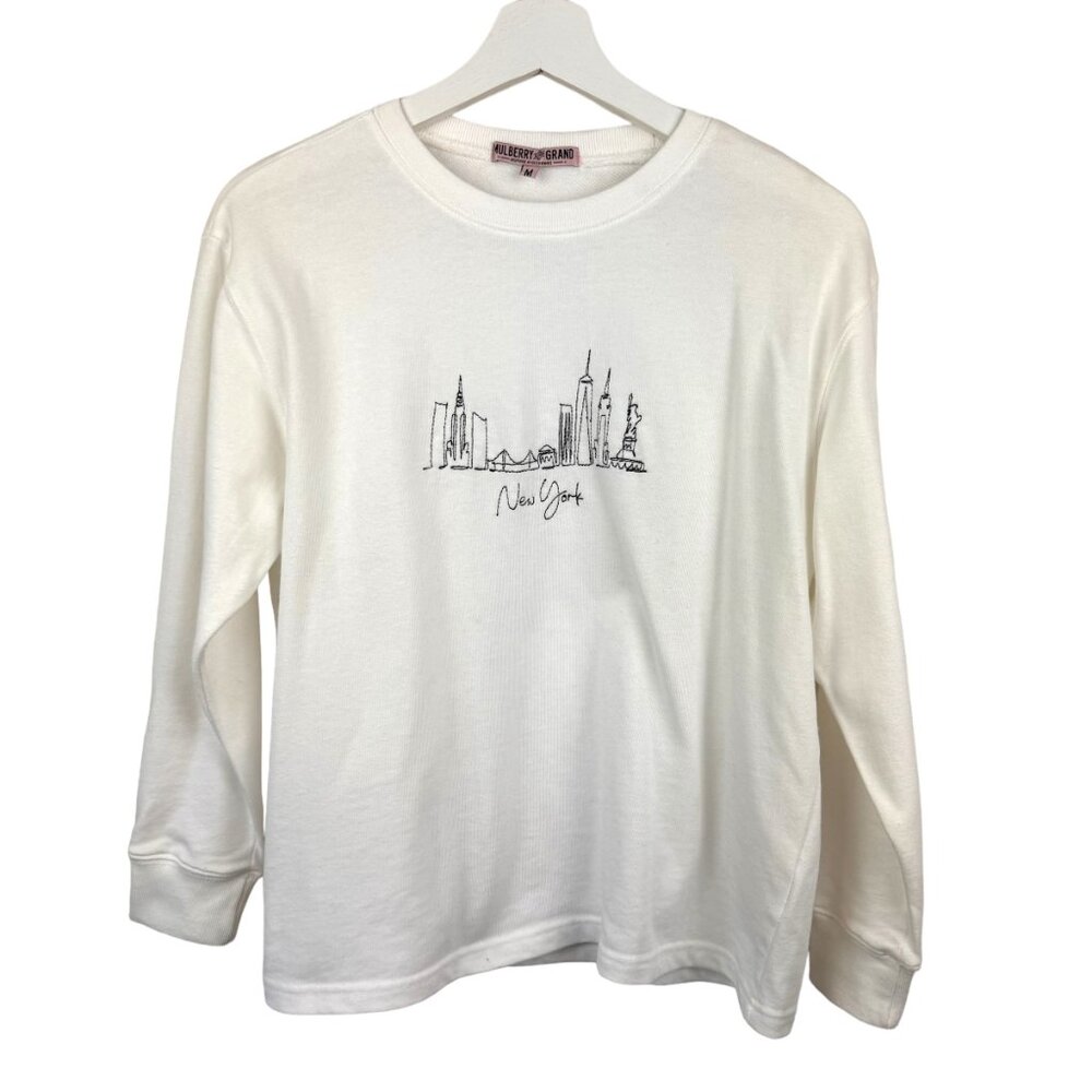 Mulberry And Grand Sweater Womens Medium White Crewneck Embroidered New York Sky